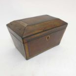 A c.1800 mahogany and satinwood inlay sarcophagus shaped 2 division tea caddy.