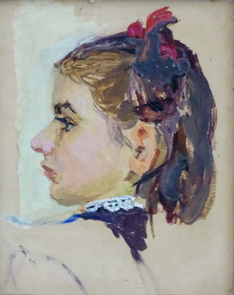 Nina A Sukacheva (1925-?) Russian, Oil on card, Portrait of a girl ' Olya ' 1953, Labelled verso. - Image 2 of 3