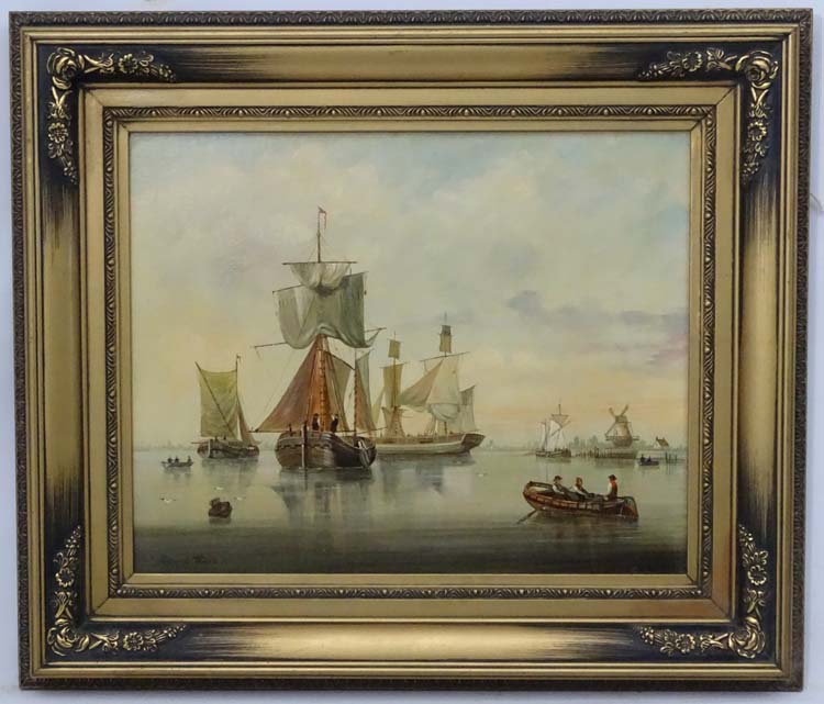 Richard Temple XIX-XX Marine School, Oil on board, A Dutch harbour with pilot boats,