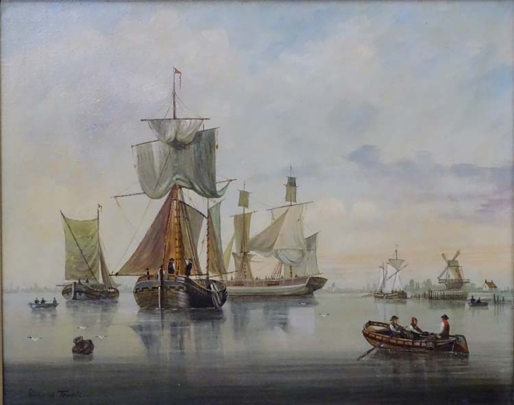 Richard Temple XIX-XX Marine School, Oil on board, A Dutch harbour with pilot boats, - Image 3 of 5