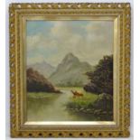 T Burr XIX-XX Scottish School, Oil on canvas, Deer at the edge of a highland river,