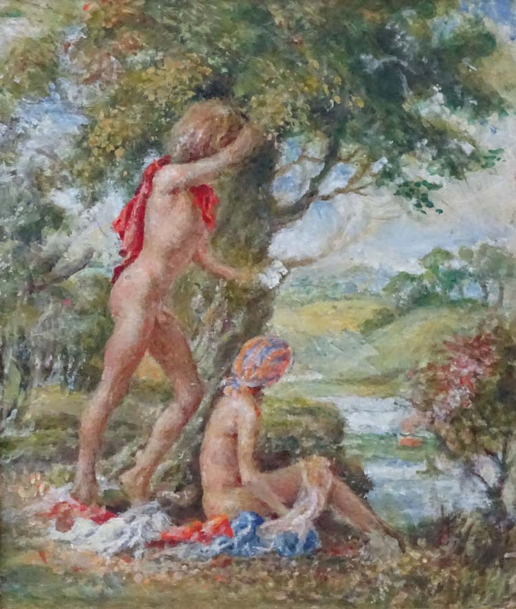 Follower of Henry Scott Tuke, c1930, Oil on board, Naked figures by a river , - Image 3 of 3