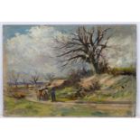 French School circa 1890, Oil on panel, A windswept landscape with figure and horses.