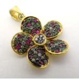 Matching to previous lot : A gilt metal pendant set with green red and white stones.