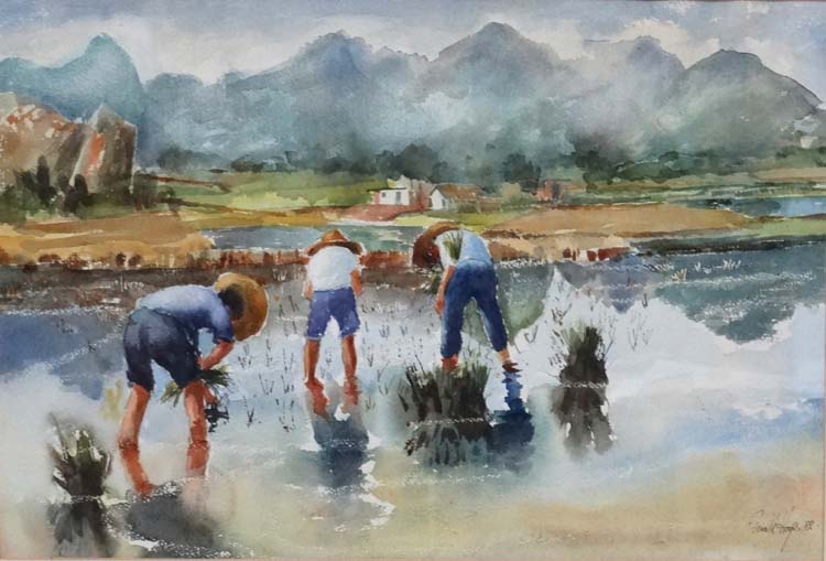 Gerald Koge 88 Hong Kong, Watercolour, ' Planting Rice Guillin China ', - Image 5 of 5