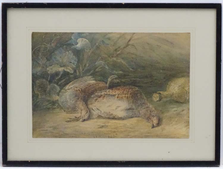 J L Dunbar 1835, Watercolour, A brace of English Partridge and a wicker covered bottle,