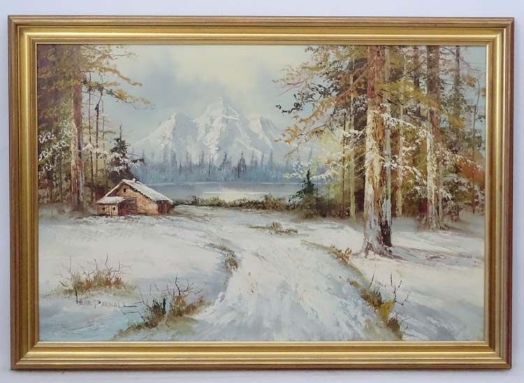 Herb Parnall XX New Zealand, Oil on canvas, Building in a snowy lake landscape, Signed lower left.