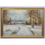 Herb Parnall XX New Zealand, Oil on canvas, Building in a snowy lake landscape, Signed lower left.