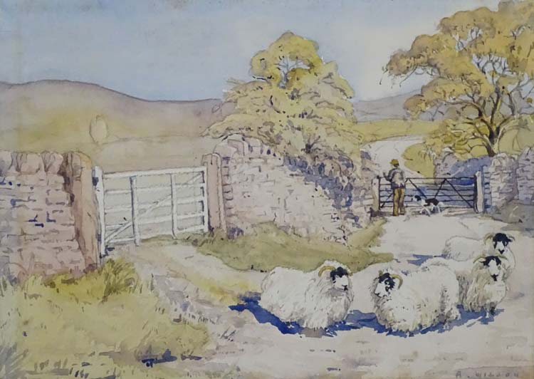 A Wilson 1975, Watercolour, ' Gateway , Holme Fell ' with sheep and shepherd, - Image 3 of 4
