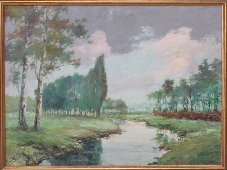 Delrio XX, Oil on canvas, River meadow with Poplar trees, Signed lower left. - Image 3 of 5