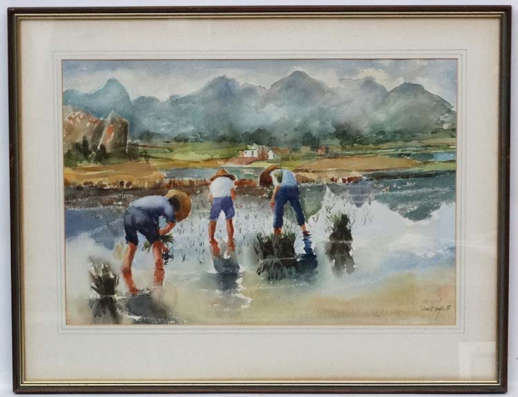 Gerald Koge 88 Hong Kong, Watercolour, ' Planting Rice Guillin China ', - Image 4 of 5