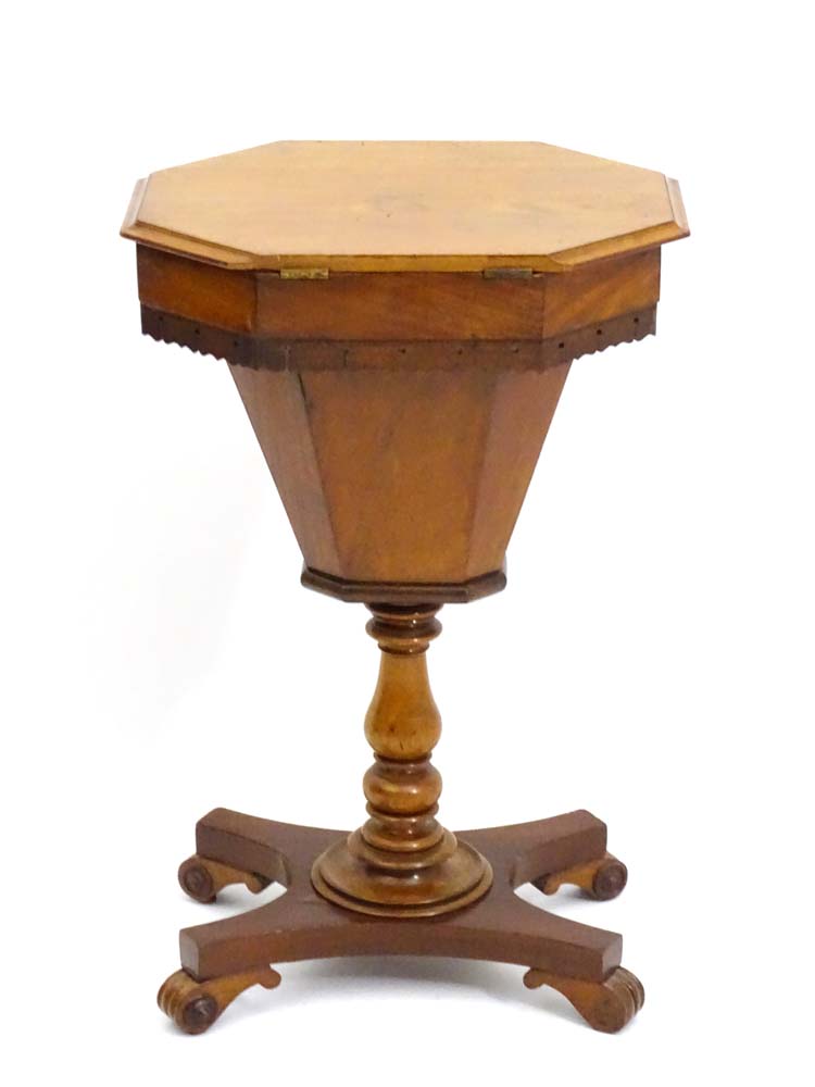 An early / mid 20thC mahogany sewing table with trumpet shaped upper segment, - Image 2 of 5