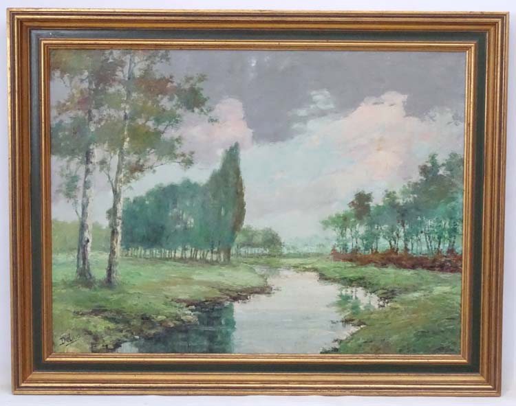 Delrio XX, Oil on canvas, River meadow with Poplar trees, Signed lower left. - Image 2 of 5