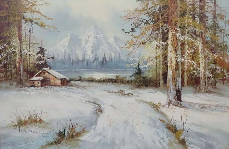 Herb Parnall XX New Zealand, Oil on canvas, Building in a snowy lake landscape, Signed lower left. - Image 3 of 4
