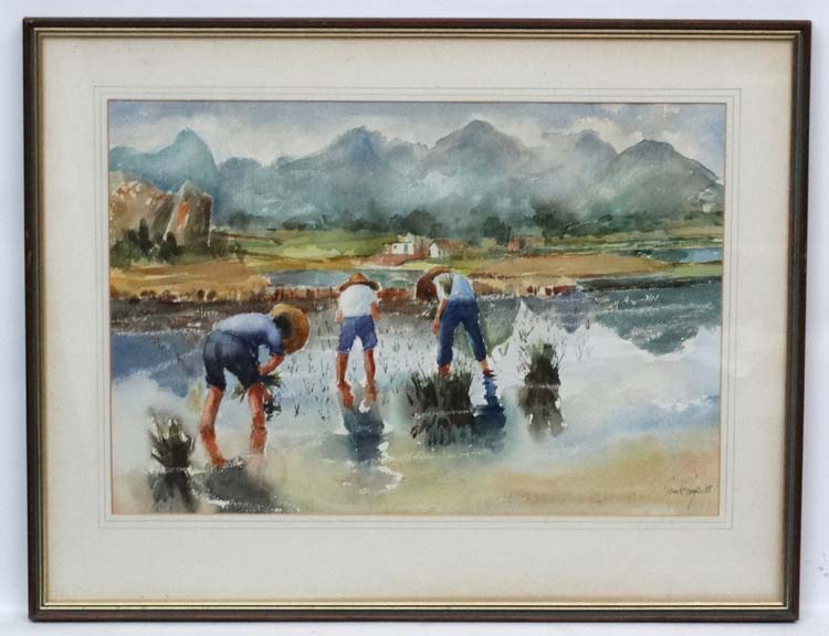 Gerald Koge 88 Hong Kong, Watercolour, ' Planting Rice Guillin China ',