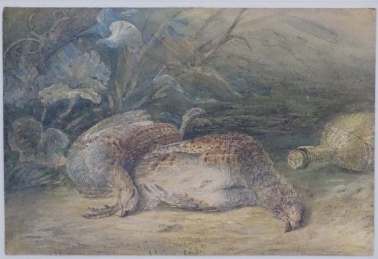 J L Dunbar 1835, Watercolour, A brace of English Partridge and a wicker covered bottle, - Image 2 of 4