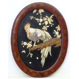 Japanese Shibayama oval panel, Rooster( cockeral) on a flowering cherry tree branch, Made of bone ,