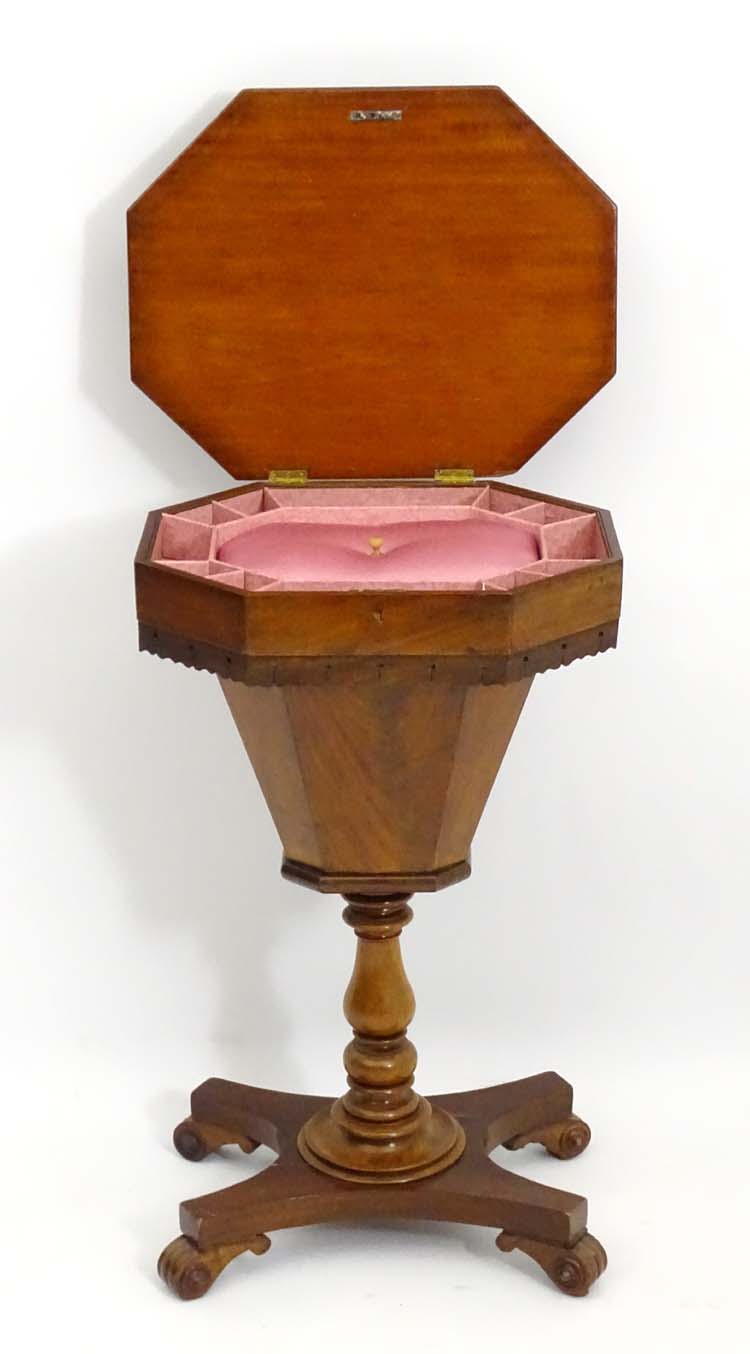 An early / mid 20thC mahogany sewing table with trumpet shaped upper segment, - Image 4 of 5