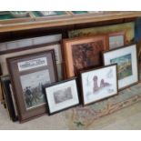 Copper plate etching of two stags, framed bookplate entitled 'Partridge Shooting',