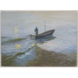 Marb 1987, Oil on canvas, Crab fisherman in boat in the early morning, Signed and dated verso,