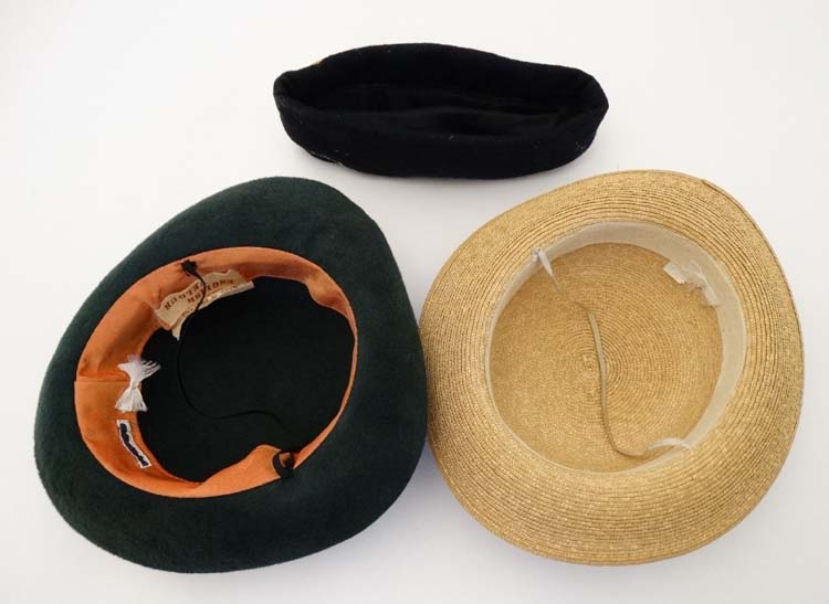 Hats : A Straw boater and green felt hat both trimmed in blue, green and white stripped ribbon, - Image 3 of 9