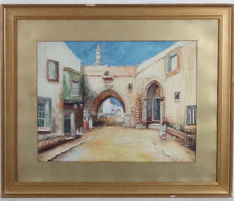 JTJ North African School, Watercolour and gouache, Figures by arch with Minuet to distance,