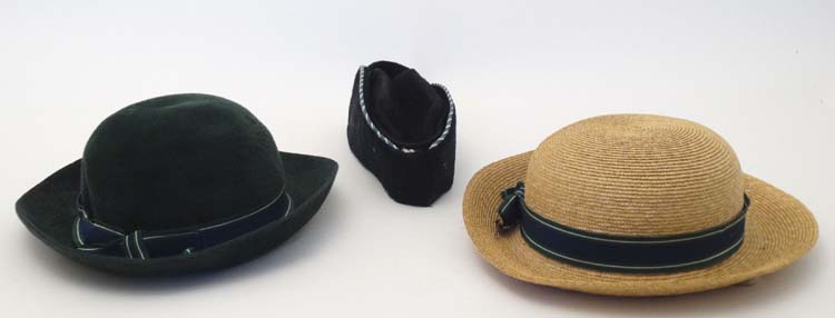 Hats : A Straw boater and green felt hat both trimmed in blue, green and white stripped ribbon, - Image 6 of 9