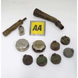 Quantity of automobilia collectables to include Austin vehicle hub caps, fuel can nozzle,