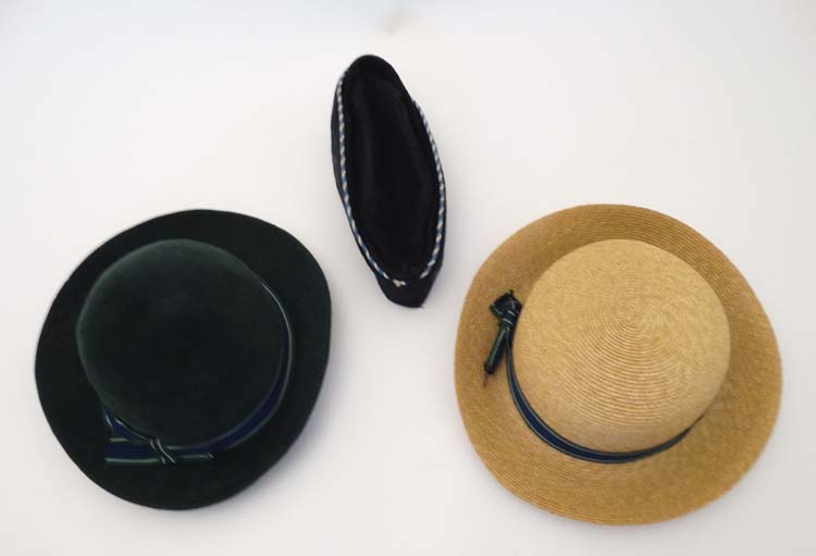 Hats : A Straw boater and green felt hat both trimmed in blue, green and white stripped ribbon, - Image 9 of 9