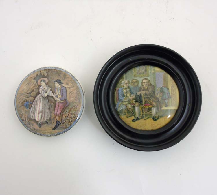 Two 19th C Prattware pot lids including a 'Dr Johnson' framed pot lid together with 'If ever I