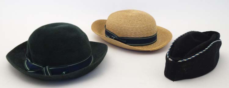 Hats : A Straw boater and green felt hat both trimmed in blue, green and white stripped ribbon,