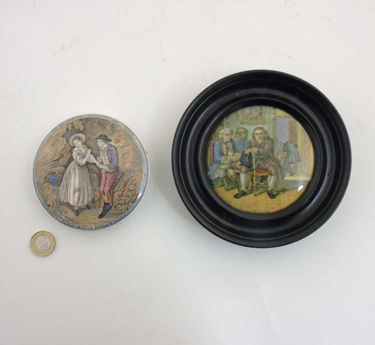 Two 19th C Prattware pot lids including a 'Dr Johnson' framed pot lid together with 'If ever I - Image 3 of 7