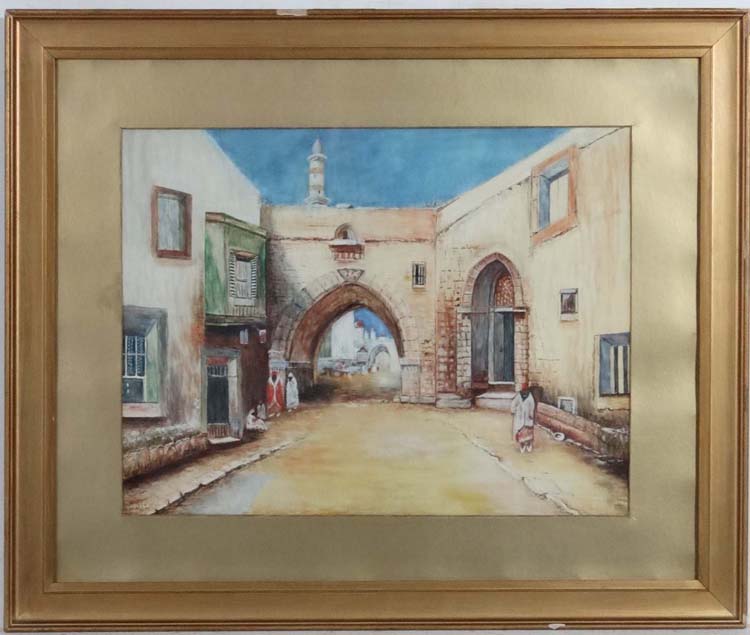 JTJ North African School, Watercolour and gouache, Figures by arch with Minuet to distance, - Image 3 of 7
