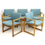 Vintage Retro : a set of 5 Danish design oak open arm chairs with woven turquoise woollen seat pad