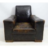 Early / mid 20thC Art Deco style black leather upholstered armchair,