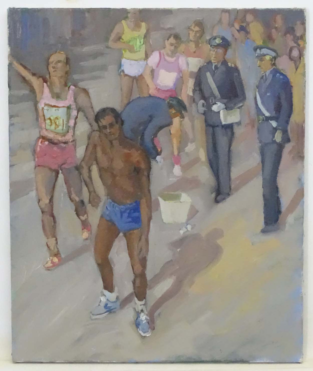 Indistinctly signed XX English School, Oil on canvas, Runners and officials at the end of a race,