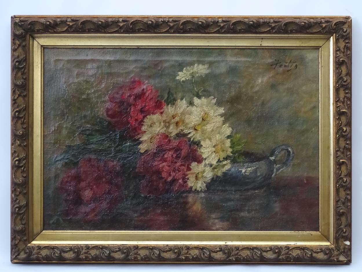 Manner of Henri Fantin La Tour XIX-XX, Oil on canvas, Still life of summer blooms in a bowl,