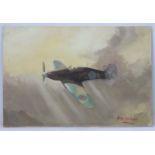 Militaria : Max Leonard ( 20thC ) Oil on board , a Hawker Hurricane fighter in flight ,