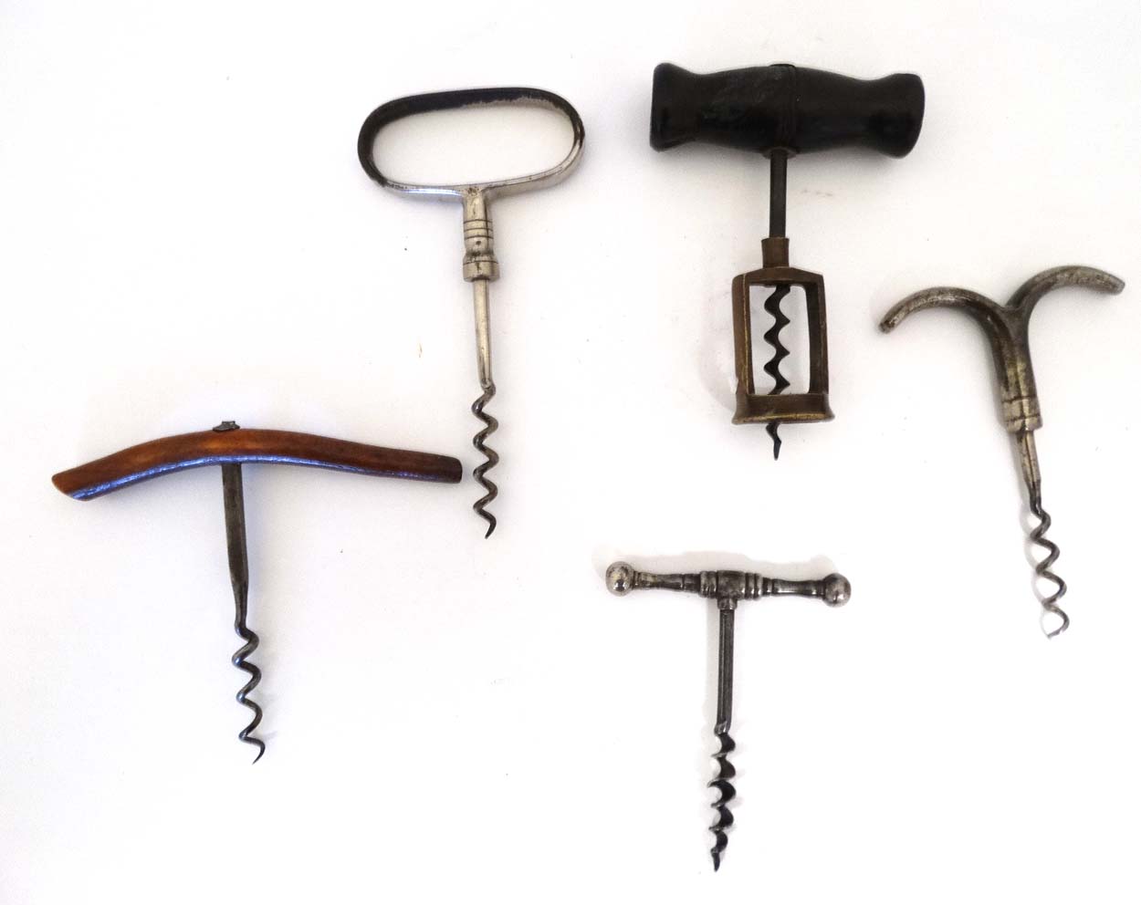 Kitchenalia :a collection of 5 assorted corkscrews including an Eye-brow , Steel T Bar ,