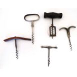 Kitchenalia :a collection of 5 assorted corkscrews including an Eye-brow , Steel T Bar ,