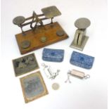 A quantity of scales to include Post Office sprung balances scales by J W & Co.