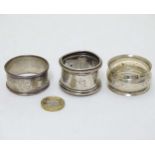 3 various silver napkin rings 1 hallmarked Birmingham 1904 maker William Hair Haseler,