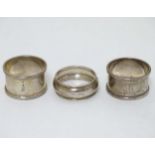 3 assorted silver napkin rings one hallmarked London 1903 maker Edward Barnard & Sons Ltd.