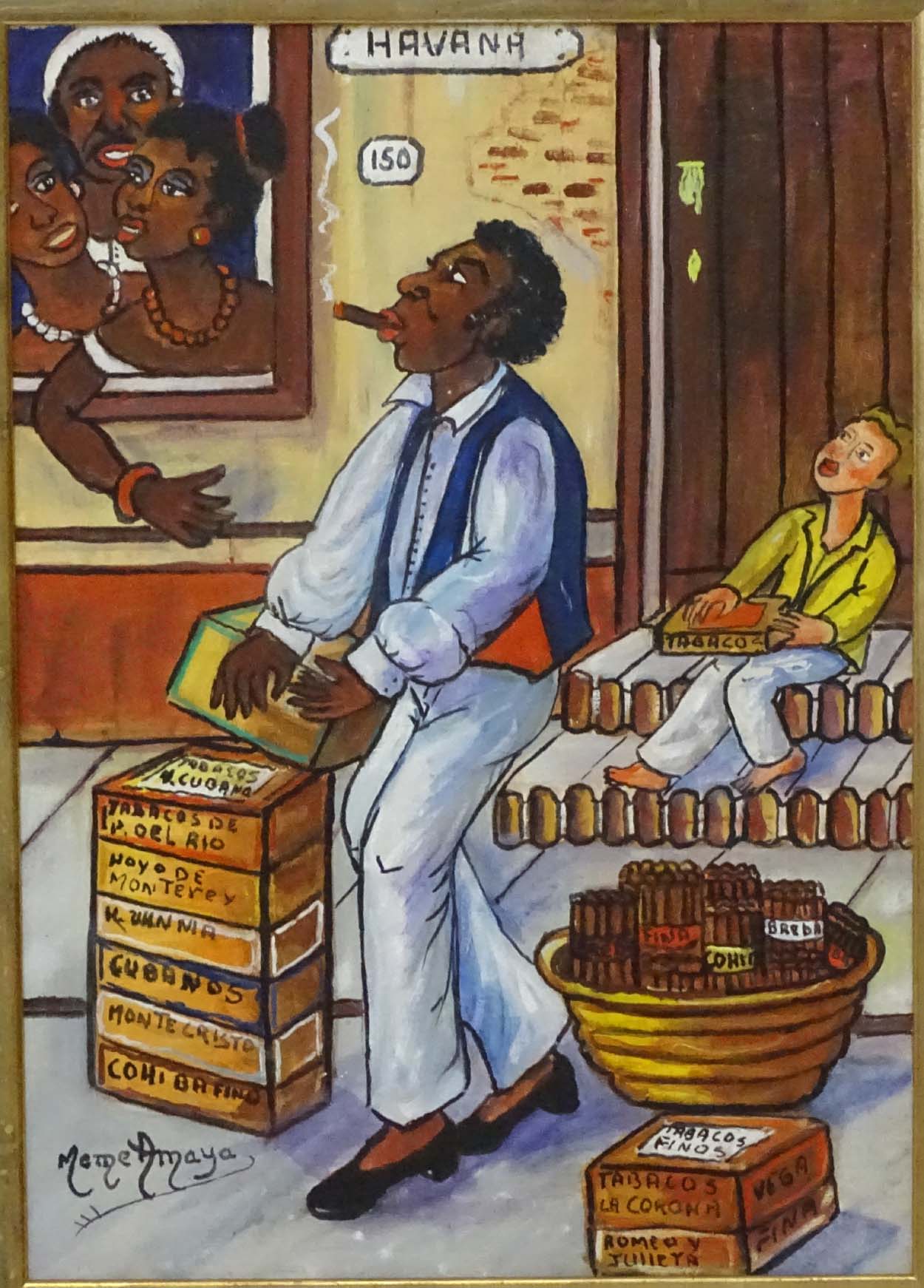 Meme Amaya XXI Cuban, Acrylic on board, Stacking various Cuban cigars in Havana, Signed lower left. - Image 3 of 4