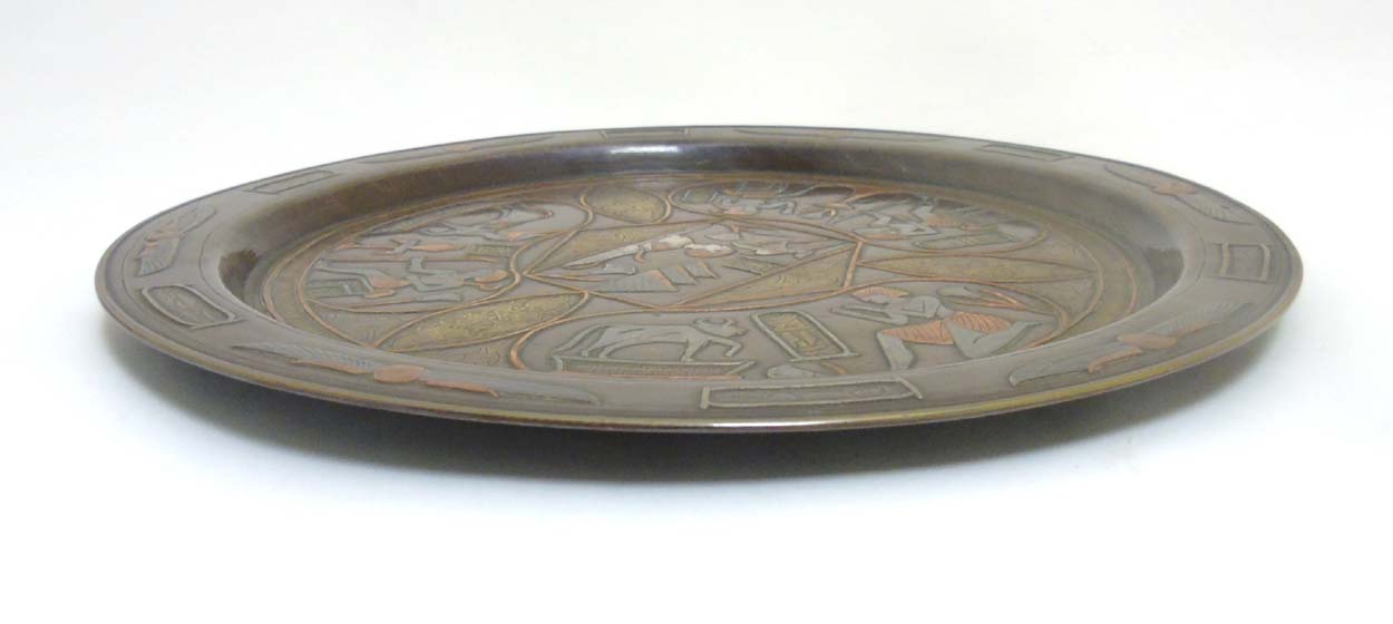 A c.1920 Egyptian copper tray with inlaid brass silver and copper decoration. - Image 2 of 7
