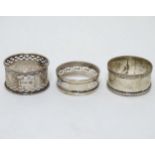 Various napkin rings to include one hallmarked Birmingham 1931 maker Henry Griffith & Sons Ltd.