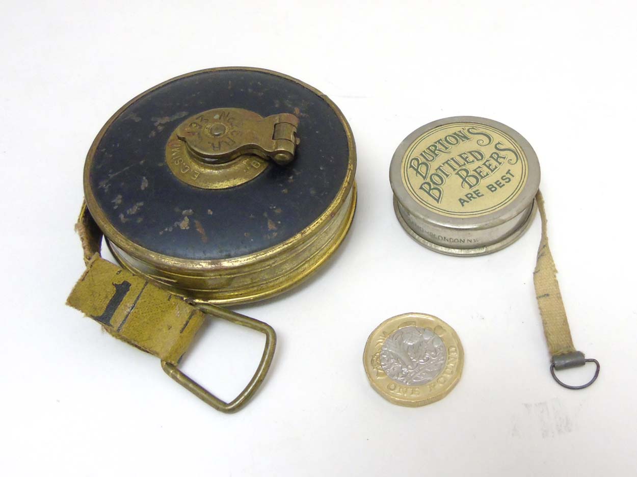 E C Simmons : ' Blue Brand ' brass tape measure together with an advertising sewing tape measure - Image 3 of 5