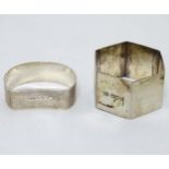 A hexagonal formed napkin ring hallmarked Sheffield 1944 maker William Bush & Sons together with
