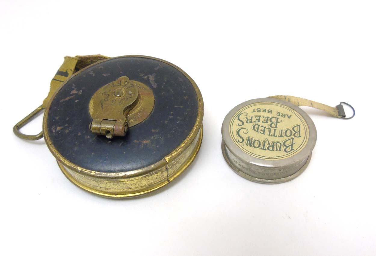 E C Simmons : ' Blue Brand ' brass tape measure together with an advertising sewing tape measure