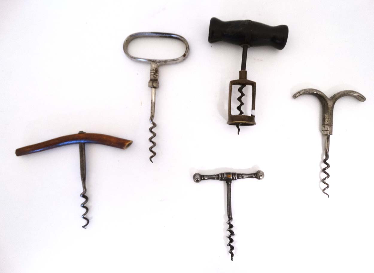 Kitchenalia :a collection of 5 assorted corkscrews including an Eye-brow , Steel T Bar , - Image 3 of 6